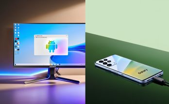 Android 16 Desktop Mode and Samsung One UI 8.5 comparison, smartphone connected to external monitor, futuristic office setup, frosted glass interface