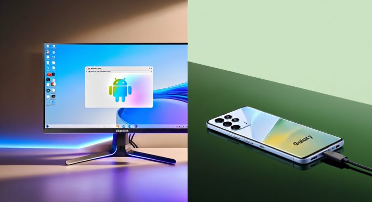 Android 16 Desktop Mode and Samsung One UI 8.5 comparison, smartphone connected to external monitor, futuristic office setup, frosted glass interface