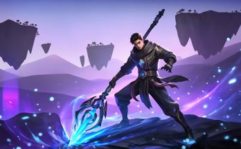 Ilustrasi karakter Avowed dengan quarterstaff di depan pemandangan Living Lands yang colorful dan magical