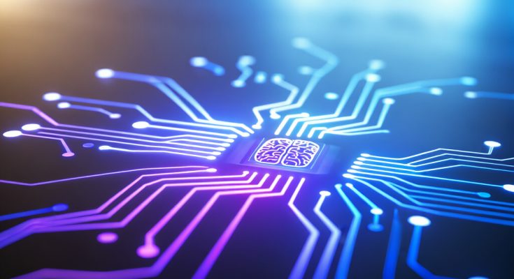 Ilustrasi teknologi AI Google Gemini dengan visualisasi neural network futuristik berwarna biru dan ungu