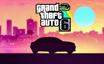 GTA 6 Grand Theft Auto VI game cover art, Miami Vice City sunset background, neon lights, sports car, editorial gaming magazine style