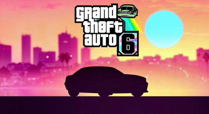 GTA 6 Grand Theft Auto VI game cover art, Miami Vice City sunset background, neon lights, sports car, editorial gaming magazine style