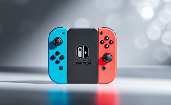 Nintendo Switch 2 console dengan Joy-Con berwarna neon biru dan merah, desain futuristik dengan cinematic lighting