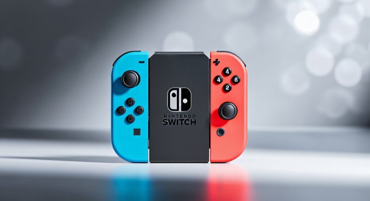 Nintendo Switch 2 console dengan Joy-Con berwarna neon biru dan merah, desain futuristik dengan cinematic lighting